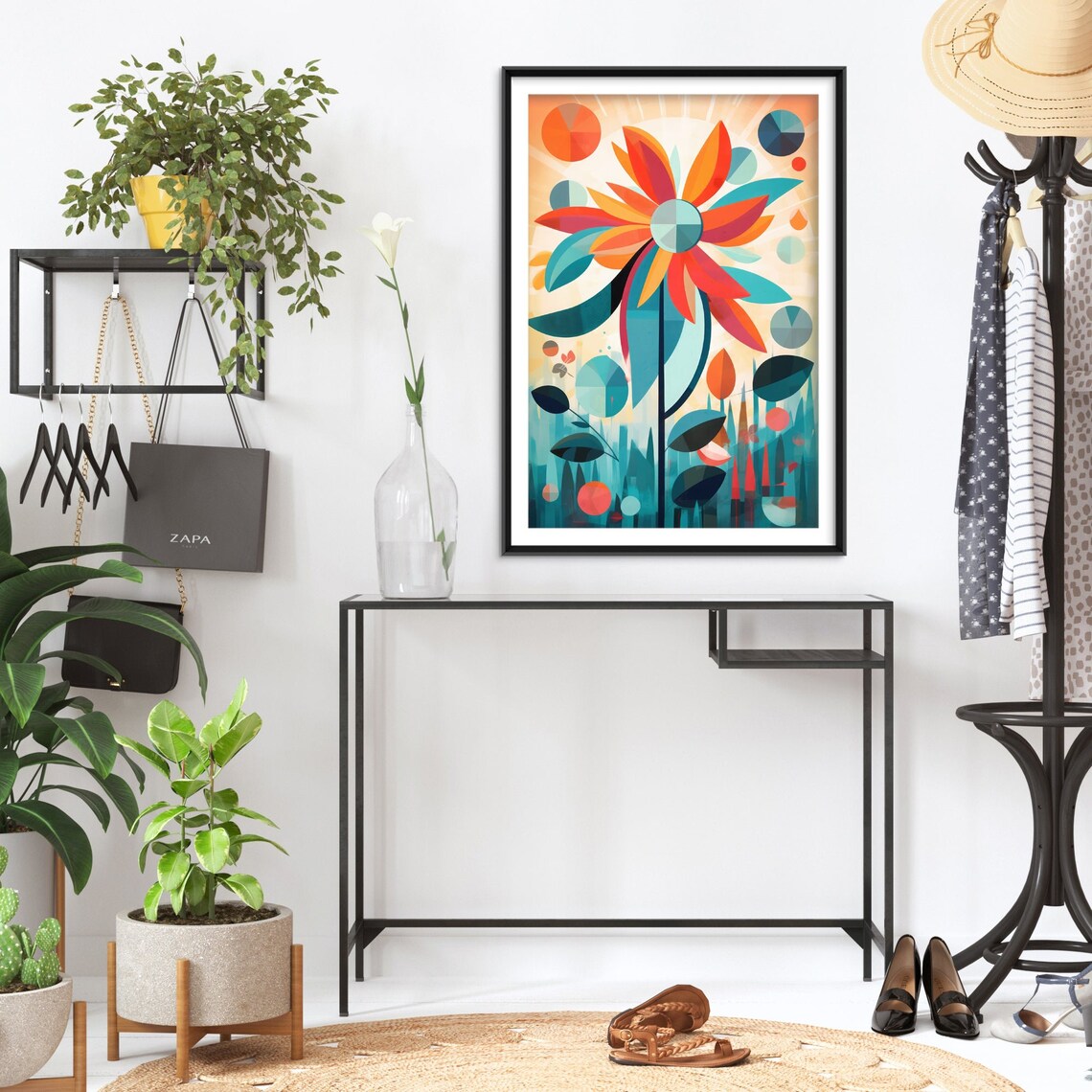 Mid Century Modern Geometric Flower Orange Teal Retro Botanical Print - Image 2