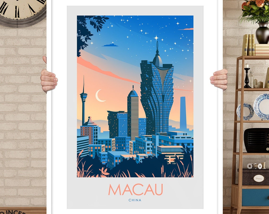 Macau China Night Skyline Grand Lisboa Vintage Travel Poster - Image 3