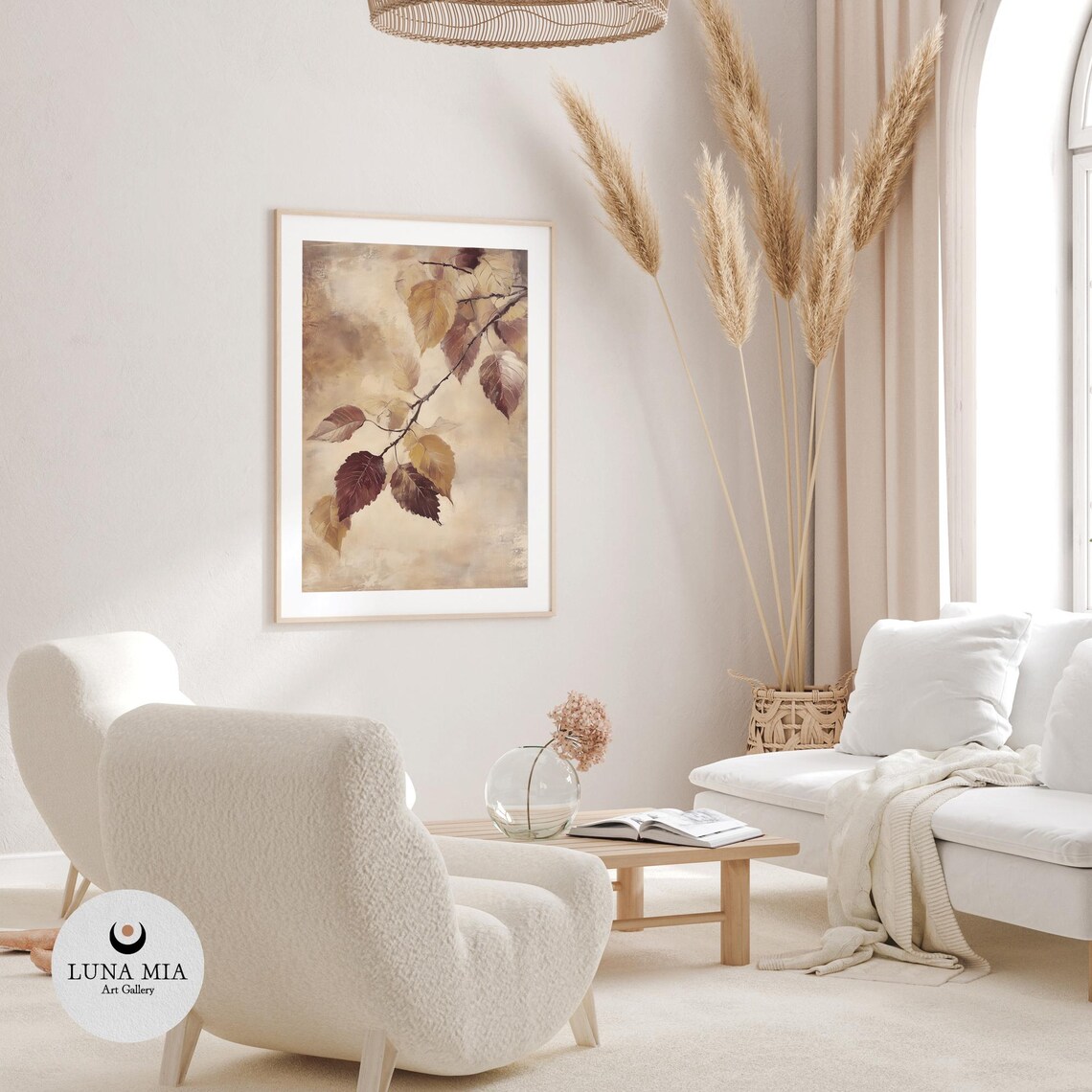 Autumn Branch With Gold And Burgundy Leaves On Warm Beige Poster - Image 3