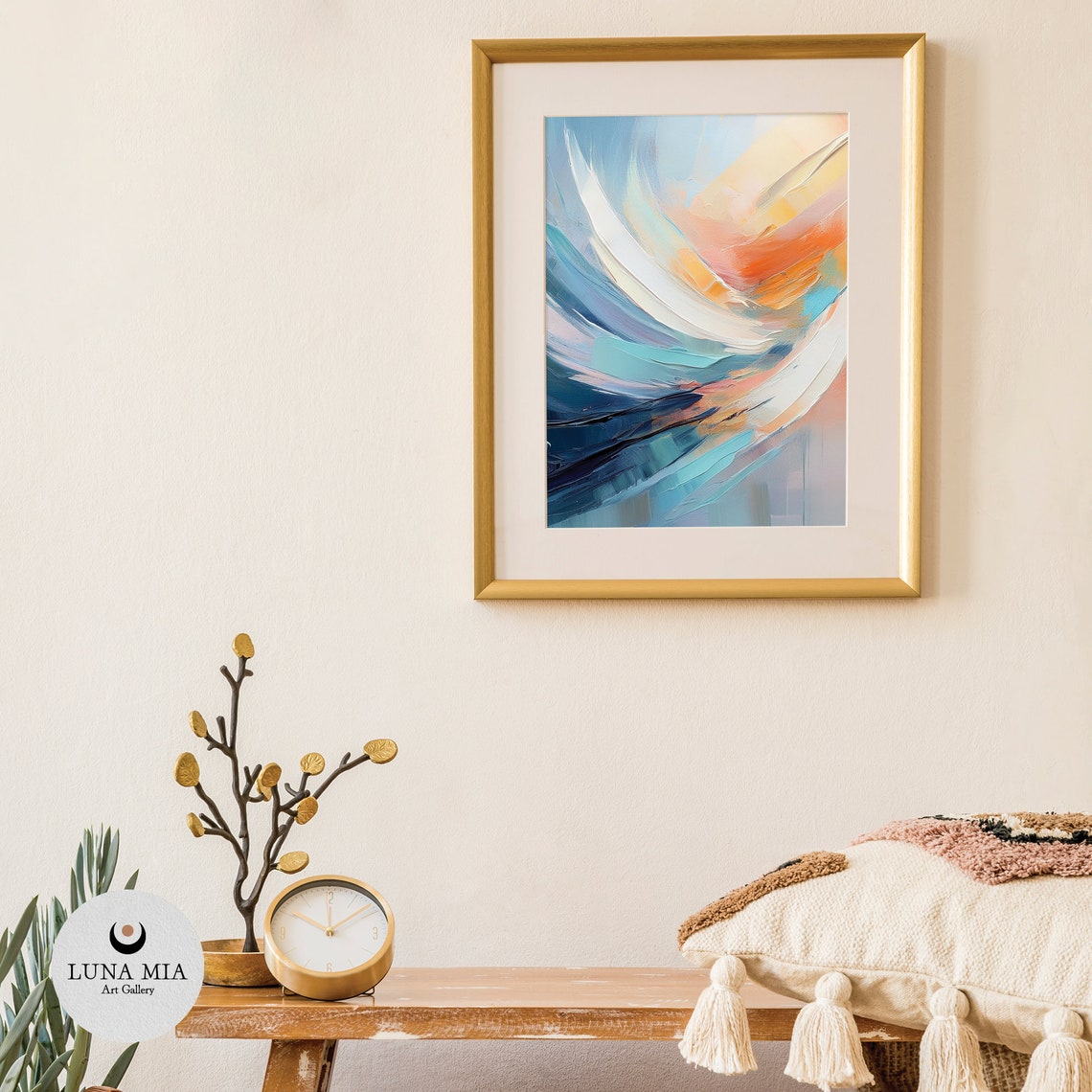 Sweeping Blue and Orange Abstract Brushstroke Wave Art Poster - Image 3
