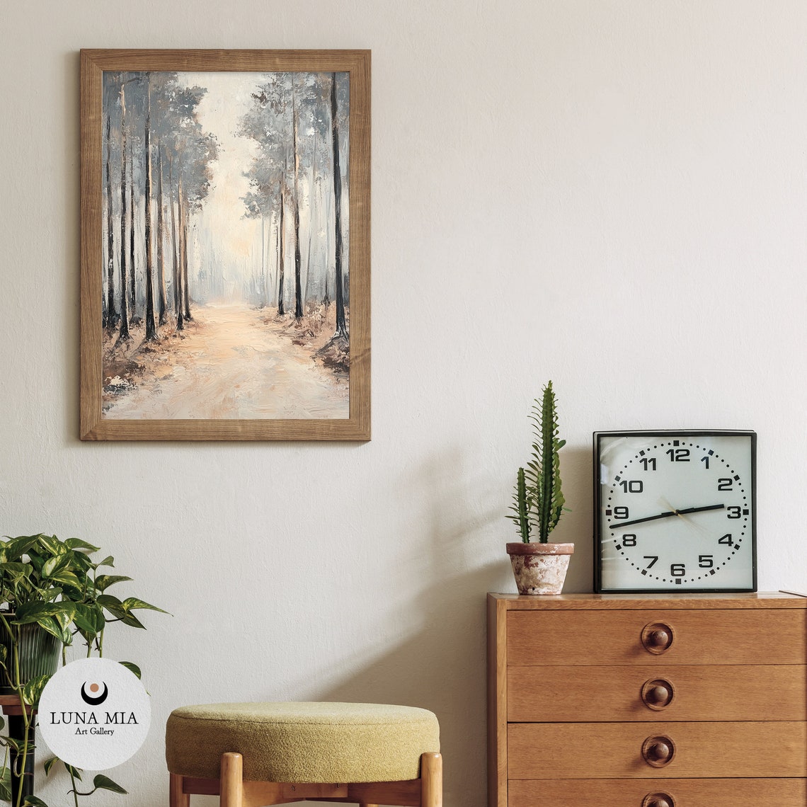 Calm Minimalist Misty Forest Path in Neutral Tones Art Poster - Image 3