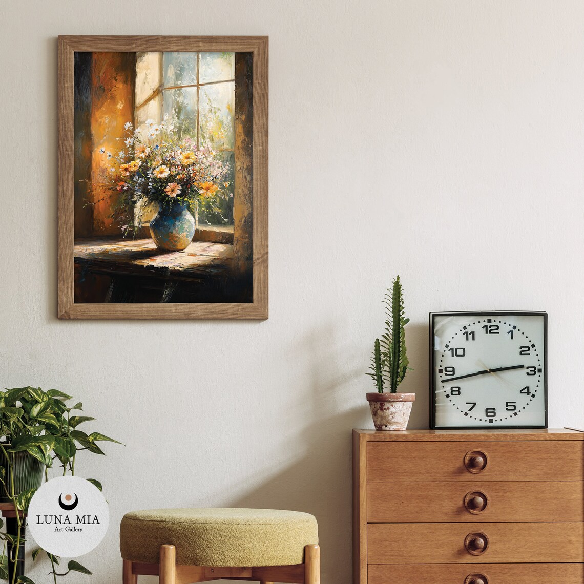Wildflower Bouquet In Blue Vase By Sunny Window Oil Painting Poster - Image 3