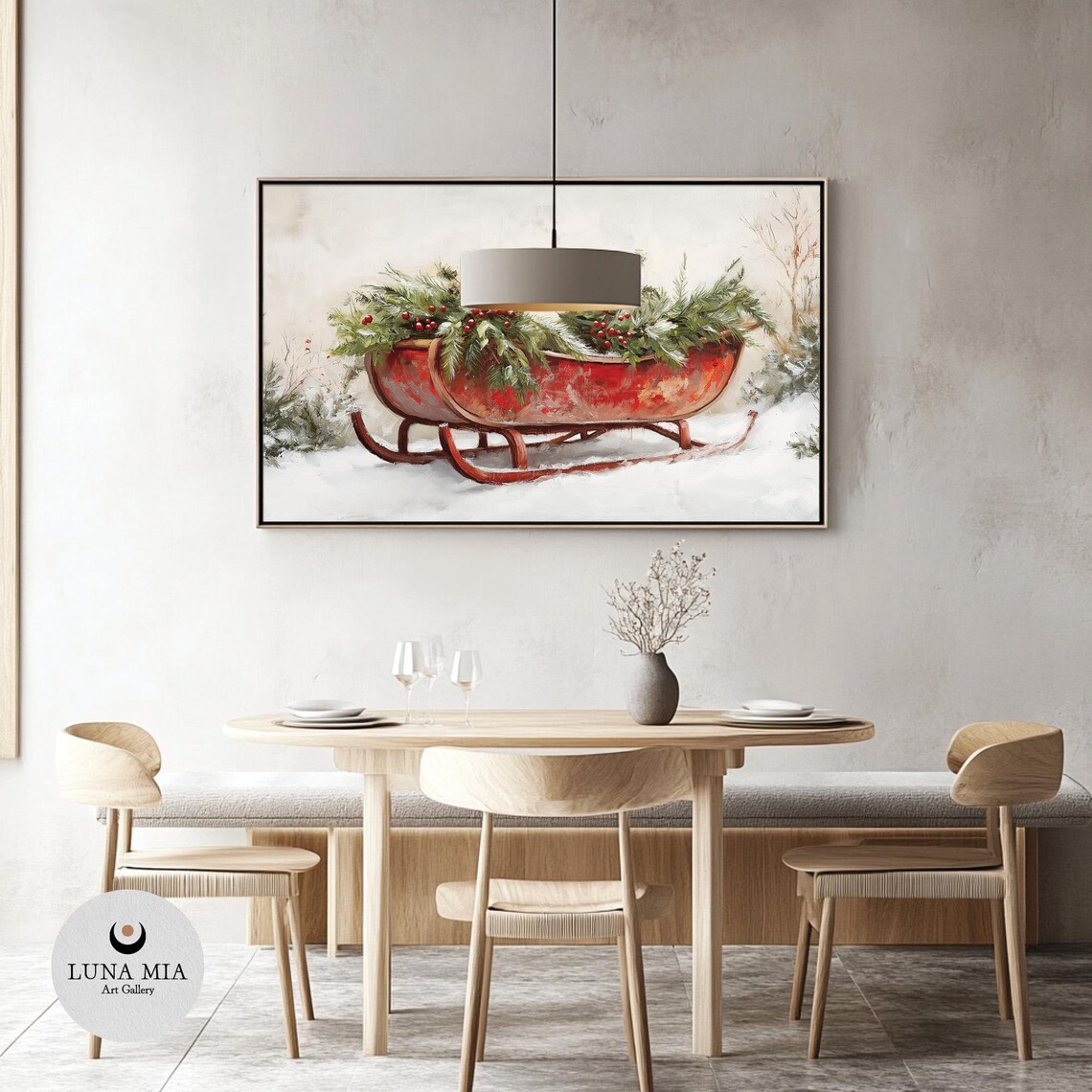 Red Sleigh Filled With Evergreens And Berries In Snow Christmas Poster - Image 3