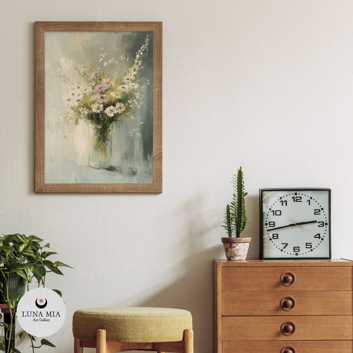 Soft Loose Wildflowers in Clear Glass Vase Muted Sage Art Poster - Image 3