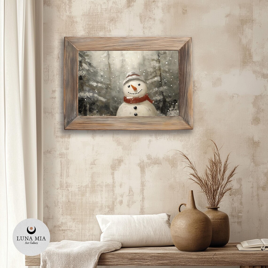 Cheerful Snowman in Falling Snow Rustic Winter Forest Art Poster - Image 3