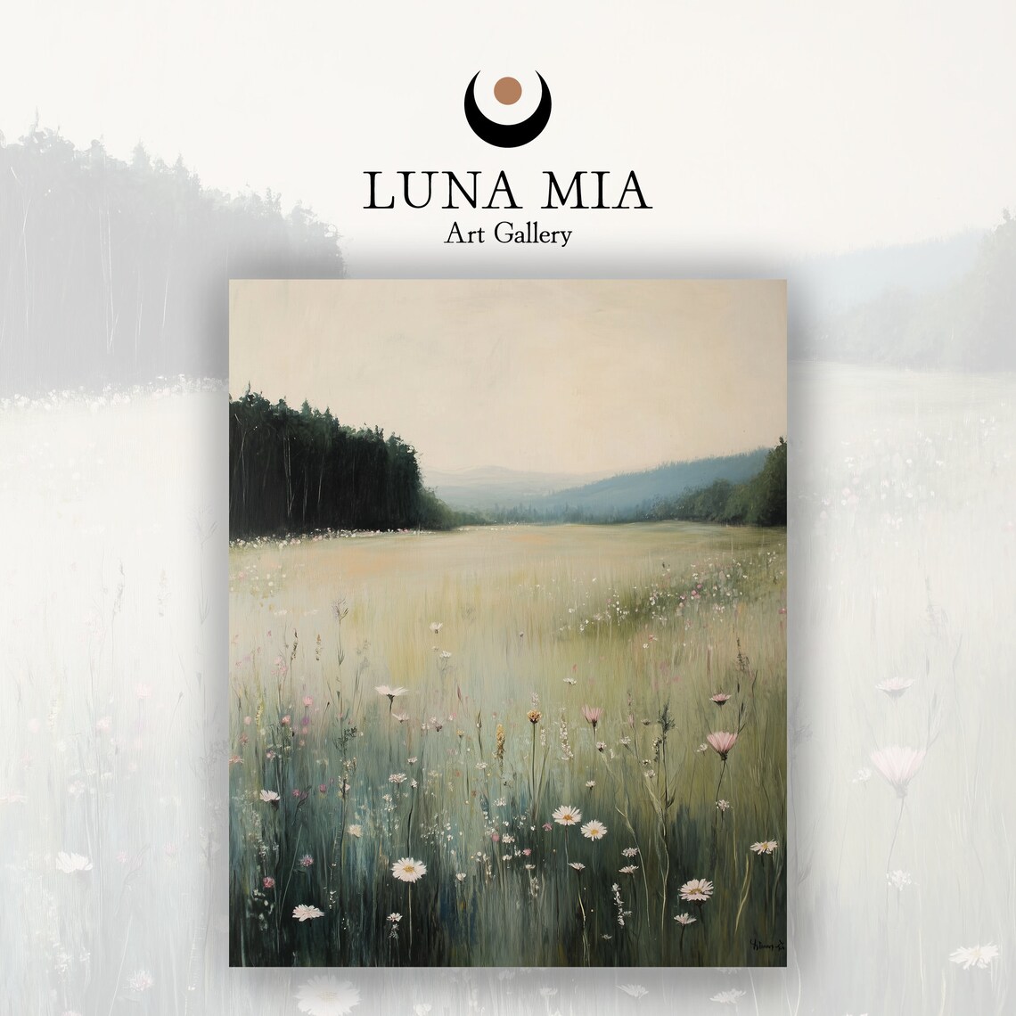 Misty Wildflower Meadow Daisies Dark Forest Oil Painting Poster - Image 2