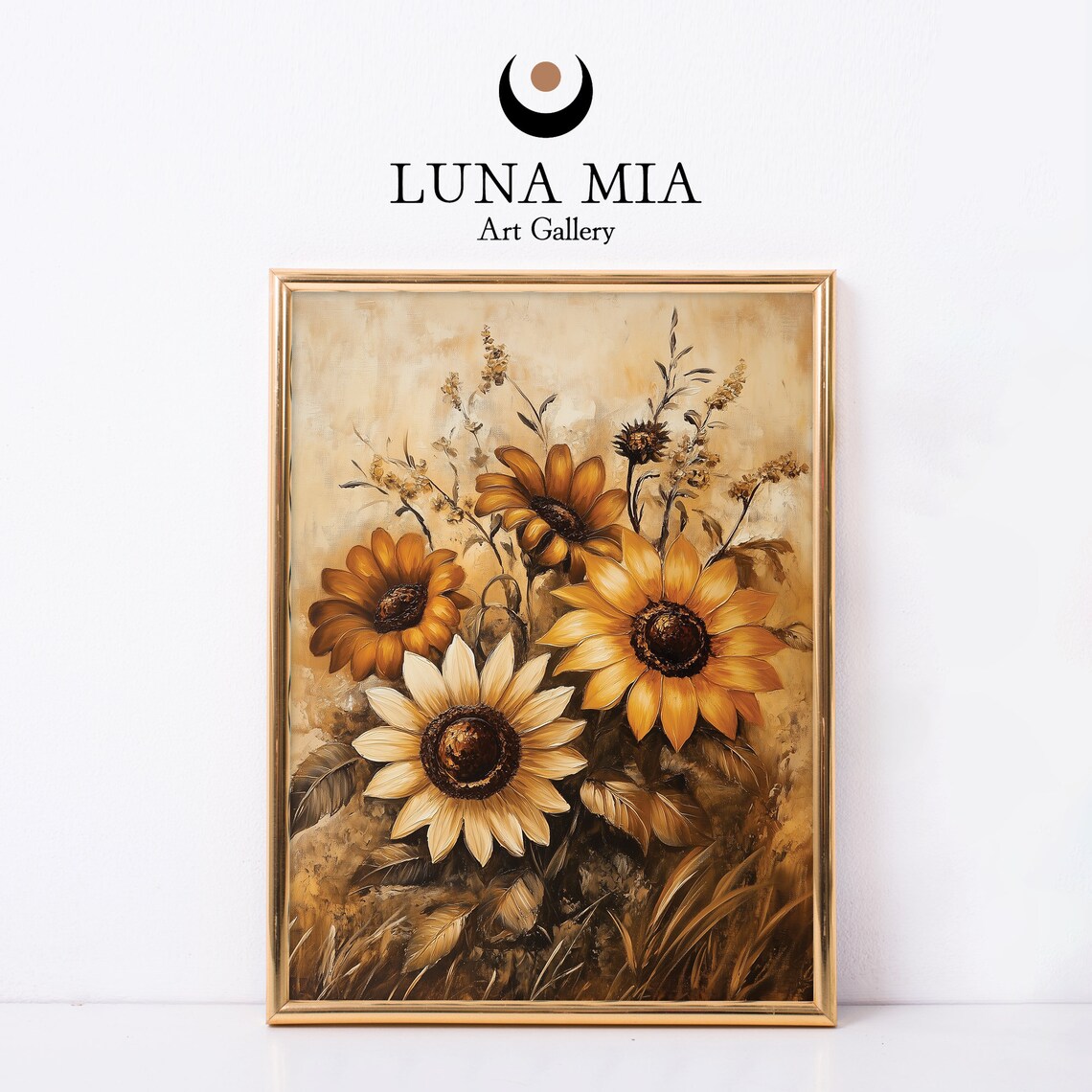 Golden Sunflowers In Warm Rustic Brown Tones Oil Painting Poster
