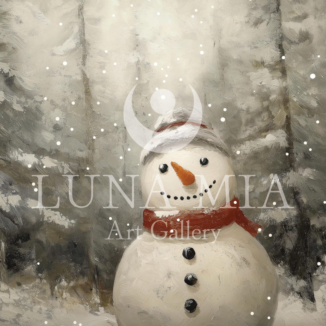Cheerful Snowman in Falling Snow Rustic Winter Forest Art Poster - Image 5
