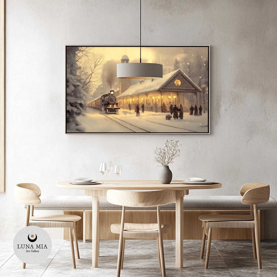 Warm Rustic Snowy Train Station Art For Tv Frame Festive Holiday Scene Home Decor - Image 3