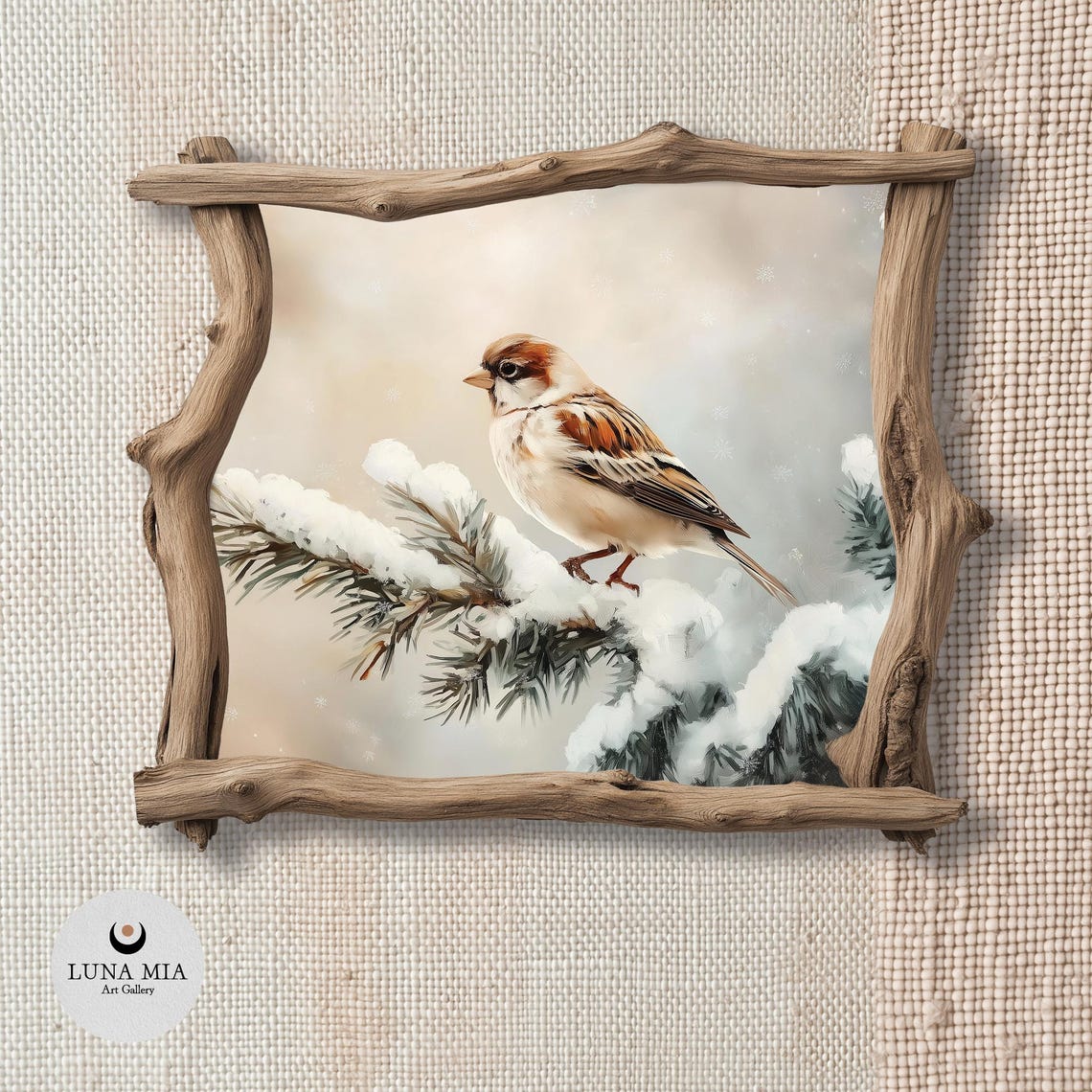 Charming Sparrow on Snowy Branch Delicate Winter Bird Art Poster - Image 2