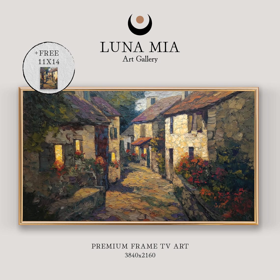 Cobblestone Village Street At Dusk With Glowing Windows Floral Poster