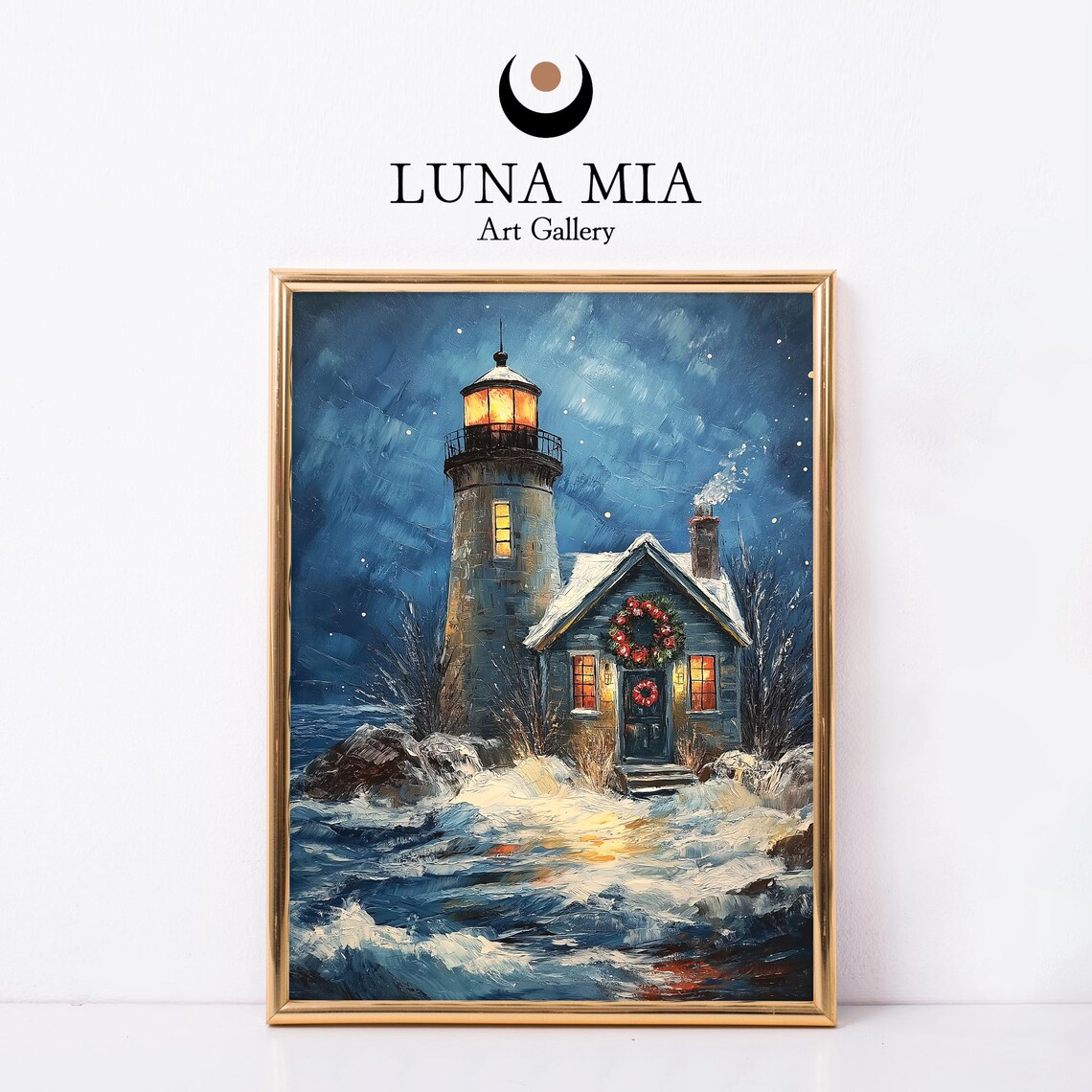 Lighthouse Christmas Night Snowy Sea Waves Oil Painting Poster