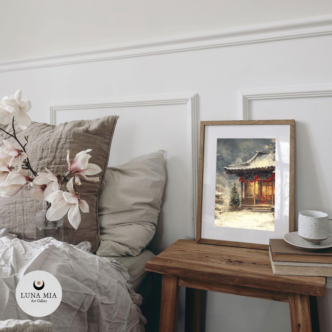 Japanese Tea House Winter Christmas Snowfall Oil Painting Poster - Image 2