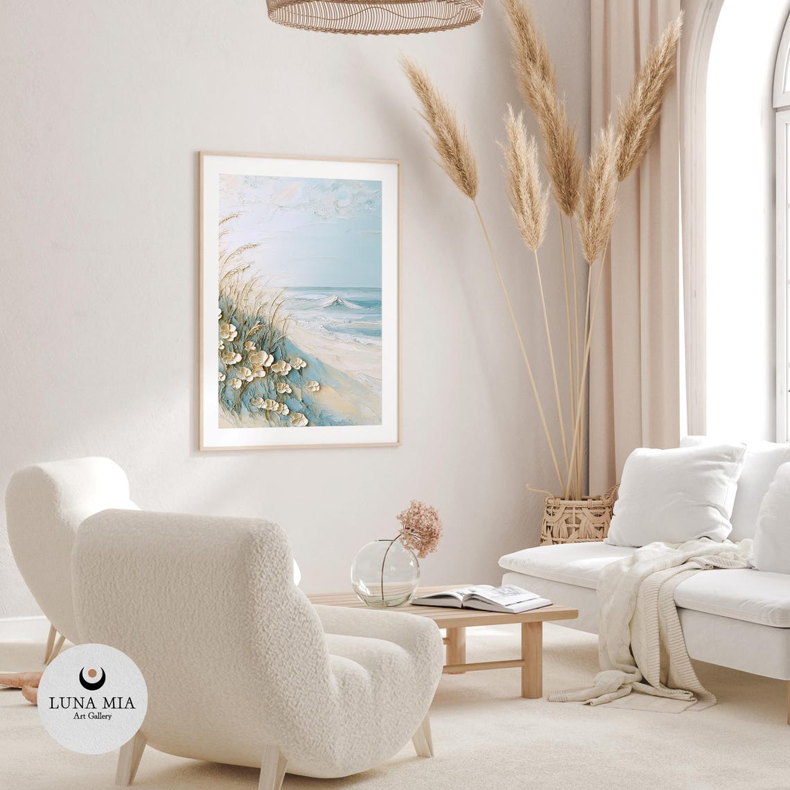 Textured Coastal Beach Scene With White Blossoms And Dune Grass Poster - Image 3