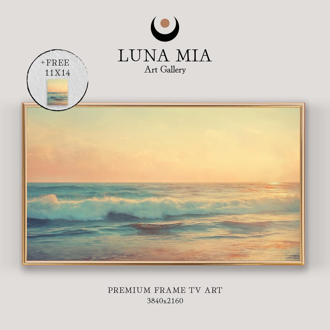 Golden Sunset Waves Rolling Over A Calm Ocean Seascape Painting Poster
