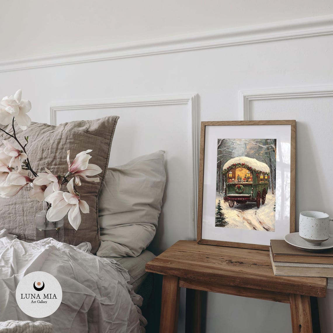 19th Century Wagon Shop Oil Painting Vintage Wall Art With Handmade Christmas Gifts Lanterns Wreaths Snowy Warm Holiday Glow - Image 2