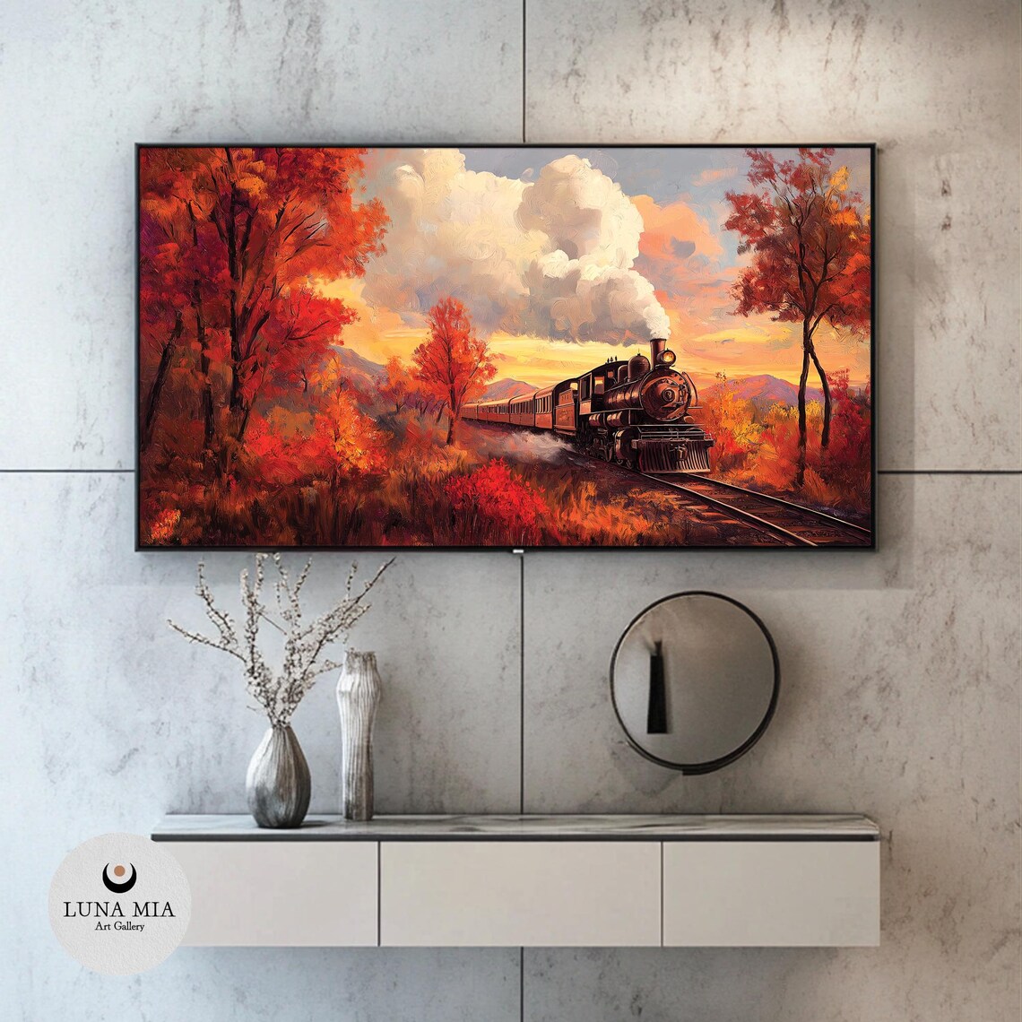 Steam Locomotive Crossing A Fiery Autumn Forest At Sunset Scenic Poster - Image 2
