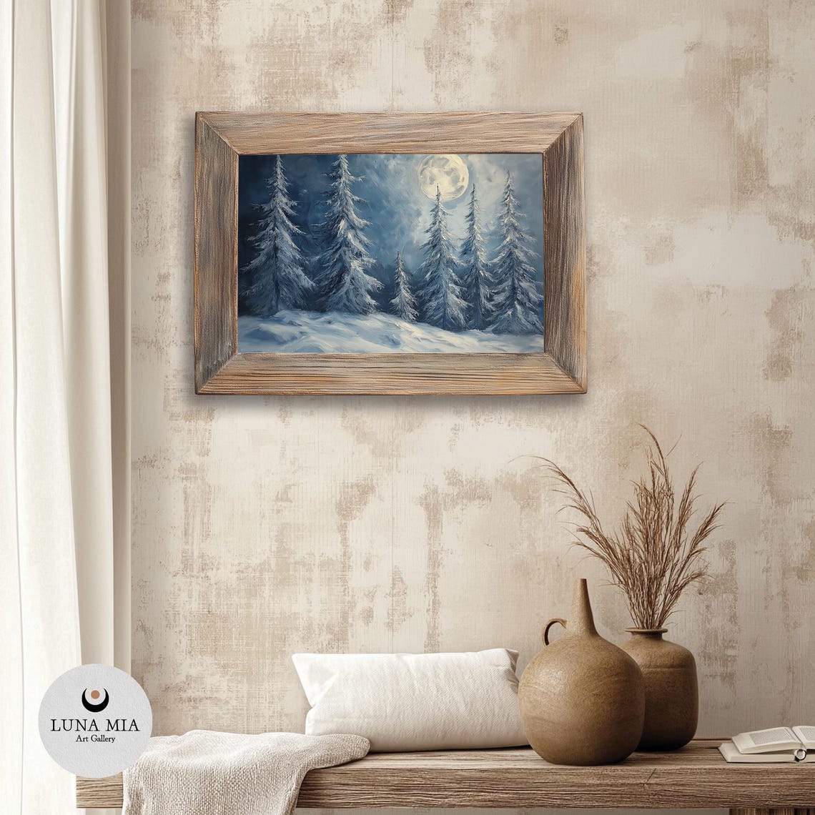Full Moon Over Snowy Pine Forest Blue Night Winter Landscape Poster - Image 3