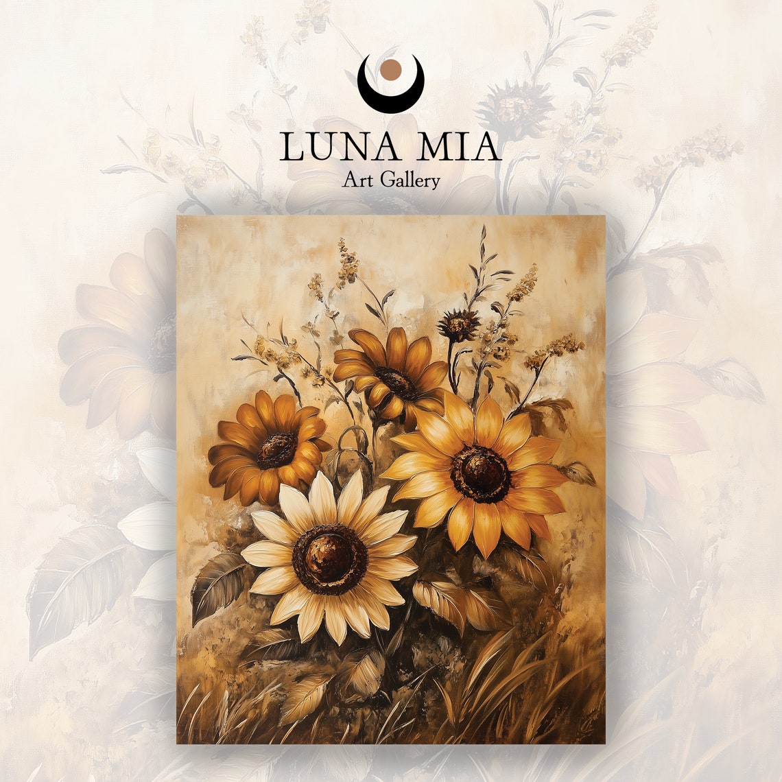 Golden Sunflowers In Warm Rustic Brown Tones Oil Painting Poster - Image 2