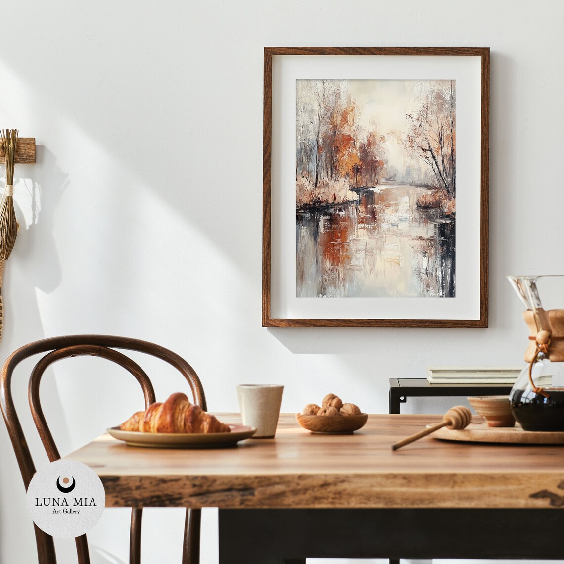 Abstract Autumn Lake Tree Reflections Rust Beige Oil Art Poster - Image 4