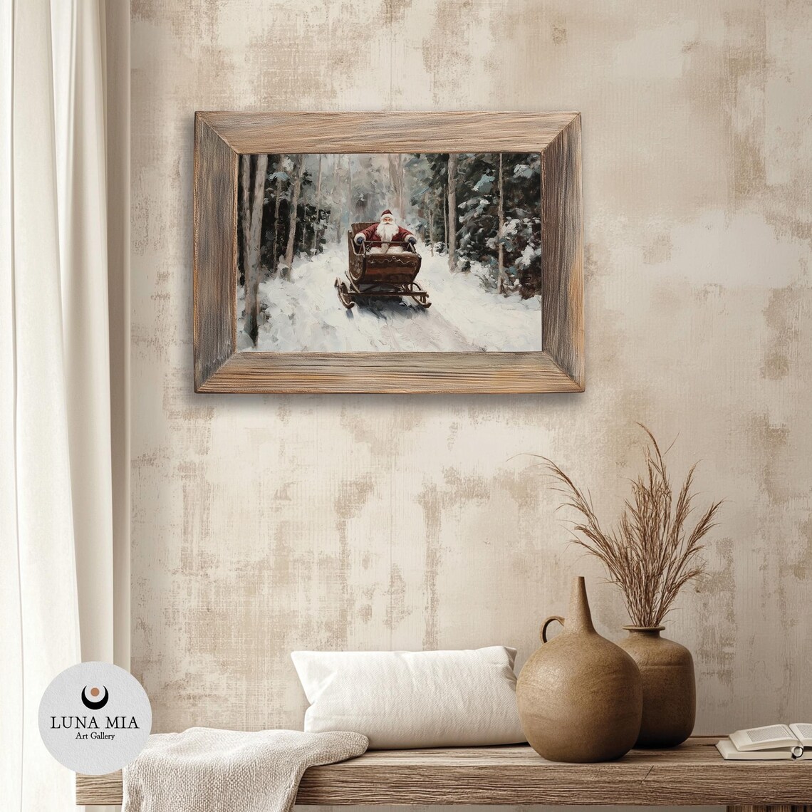 Santa Claus Riding Sleigh Through Snowy Forest Christmas Art Poster - Image 3