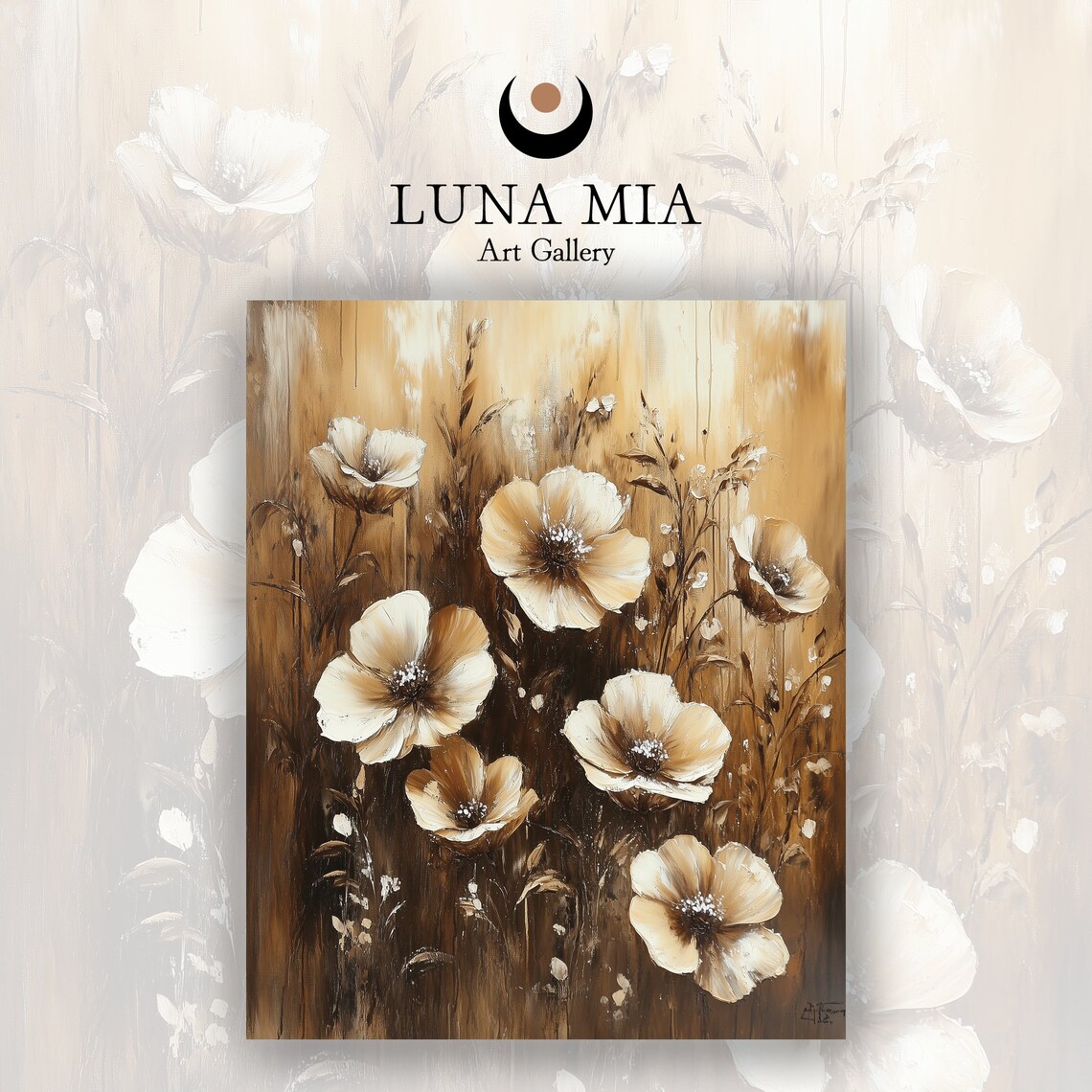 Soft Delicate White and Cream Flowers Sepia Floral Painting Poster - Image 2