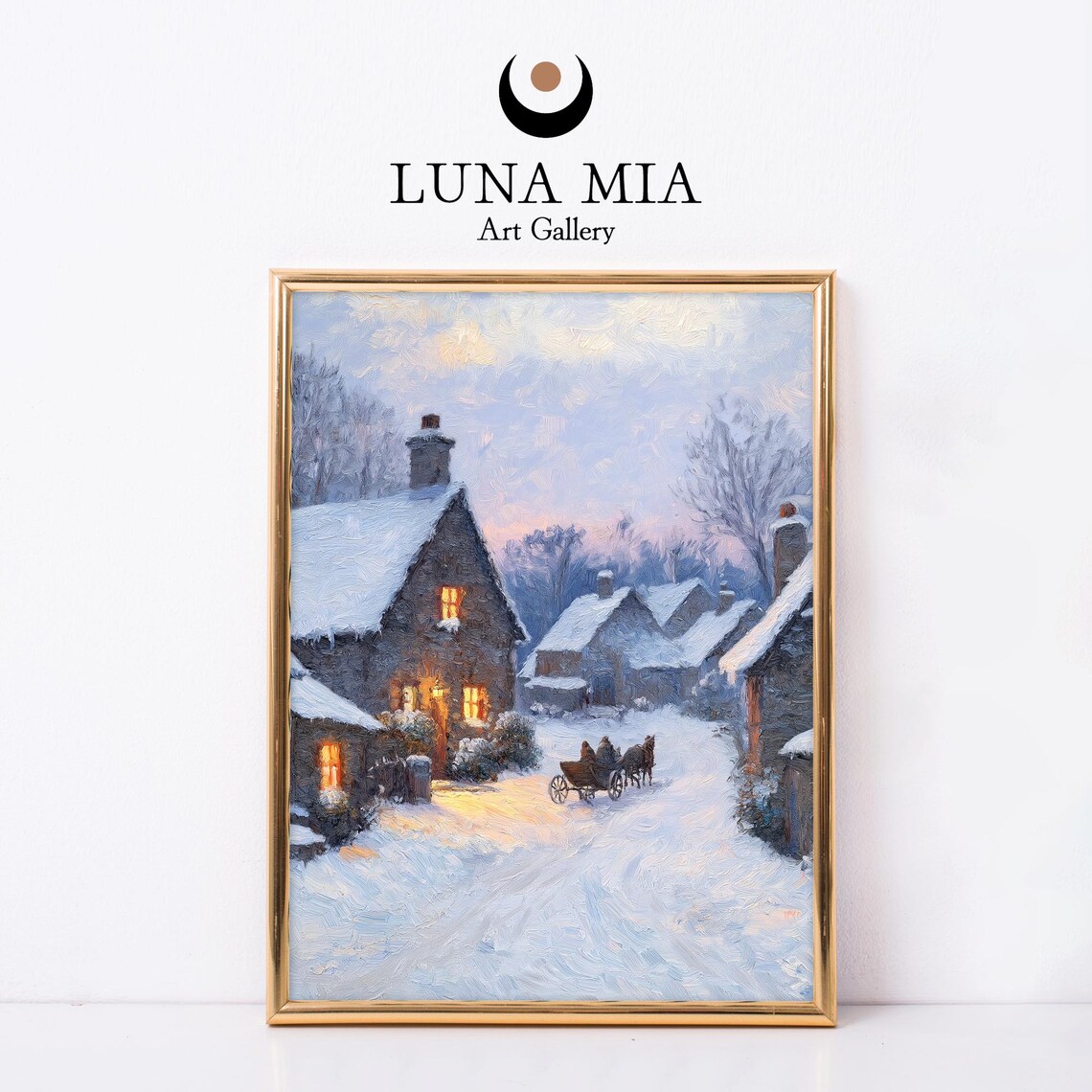 Snowy Village Street Horse Carriage Winter Oil Painting Poster