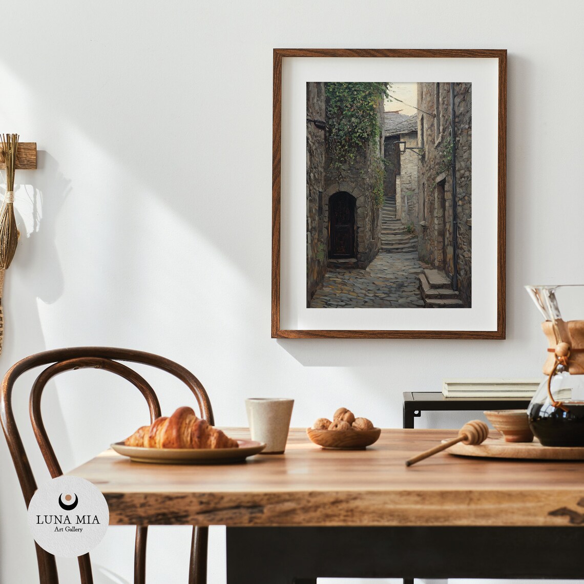 Old Ancient Stone Village Street With Steps in Warm Light Poster - Image 4