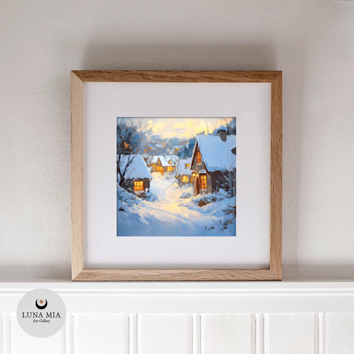 Snowy Village Street at Dusk with Glowing Windows Cozy Winter Poster