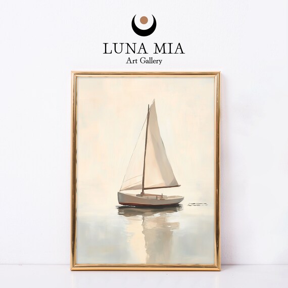 Minimalist White Sailboat Calm Sea Soft Beige Sailing Art Poster