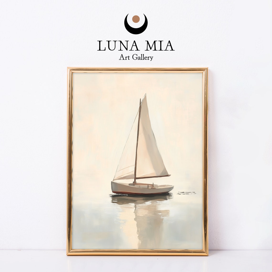 Minimalist White Sailboat Calm Sea Soft Beige Sailing Art Poster