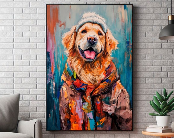 Golden Retriever Oil Painting Dog In Clothes Wall Art Print Funny Pet Portrait Cute Poster
