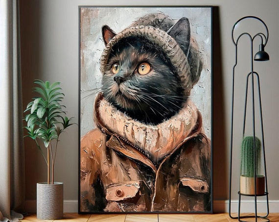 Wall Art Print Cat Oil Painting Cute Poster Gift For Lover Funny Pet Portrait