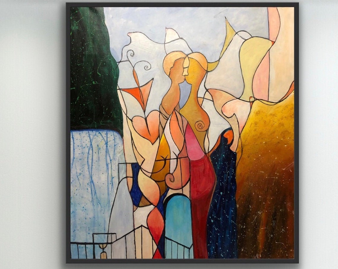 Lovers Abstract Couple Kissing by Waterfall Warm Tones Poster