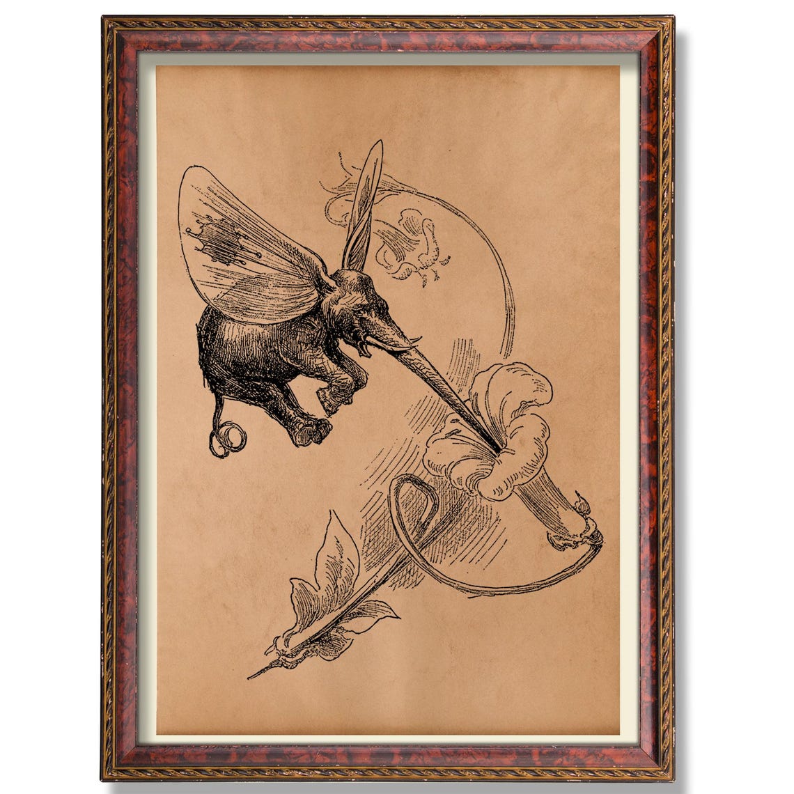 Flying Elephant Vintage Poster Whimsical Antique Wall Art Rustic Animal Illustration Fantasy Nursery Decor Decoration Print