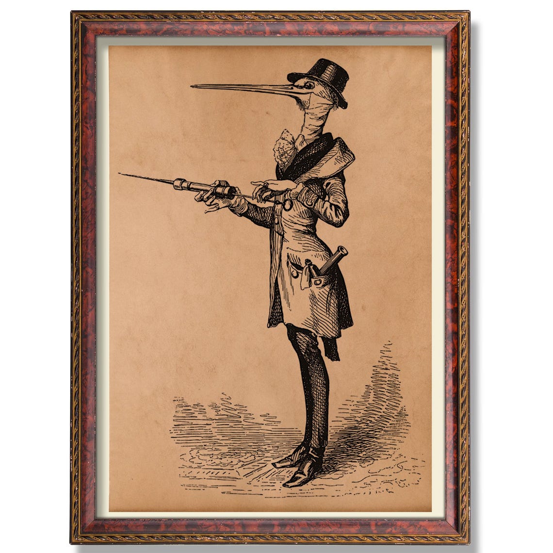Doctor Stork Top Hat Syringe Vintage Anthropomorphic Etching Poster