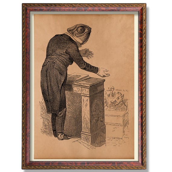Gentleman Chameleon Wall Art Vintage Reptile Poster Whimsical Animal Illustration Rustic Home Decor Antique Style Print