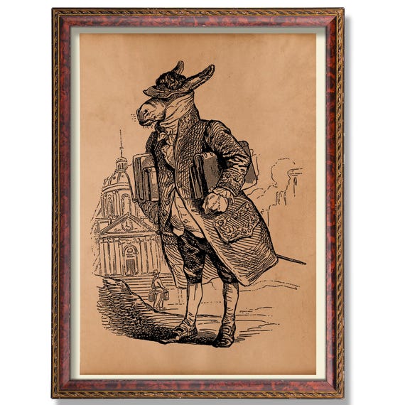 Gentleman Donkey Wall Art Vintage Animal Poster Rustic Illustration Antique Decor Dressed Print Whimsical Farmhouse