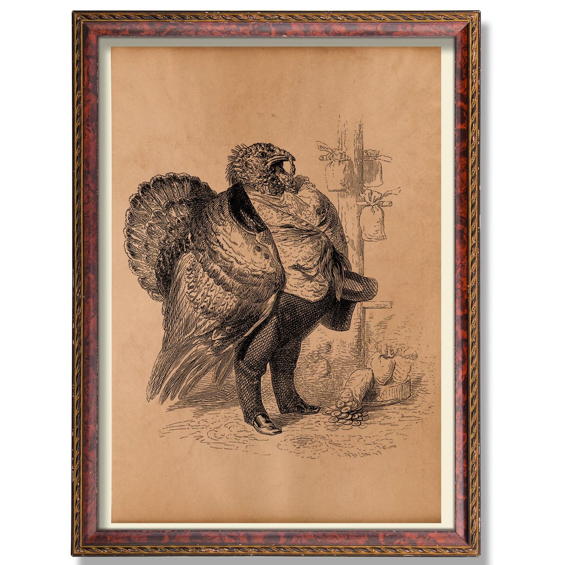 Gentleman Turkey Merchant Vintage Anthropomorphic Etching Poster