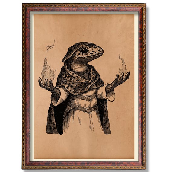 Vintage Wizard Salamander Art Print Rustic Fantasy Poster Antique Style Illustration Whimsical Wall Decor
