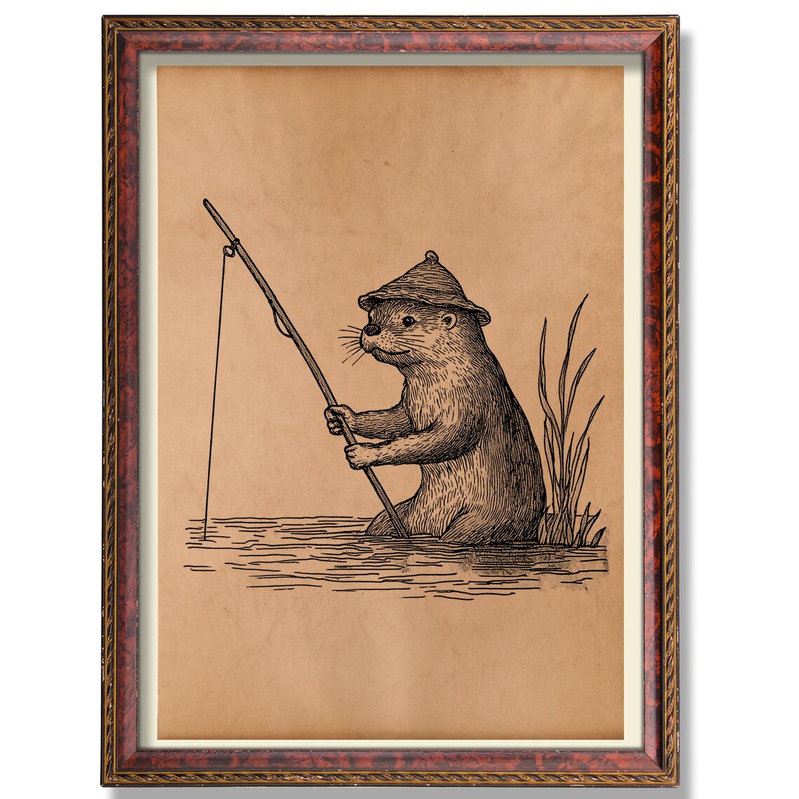 Rustic Fishing Otter Vintage Wildlife Art Print