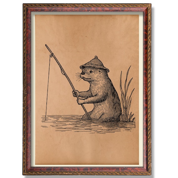 Rustic Fishing Otter Vintage Wildlife Art Print