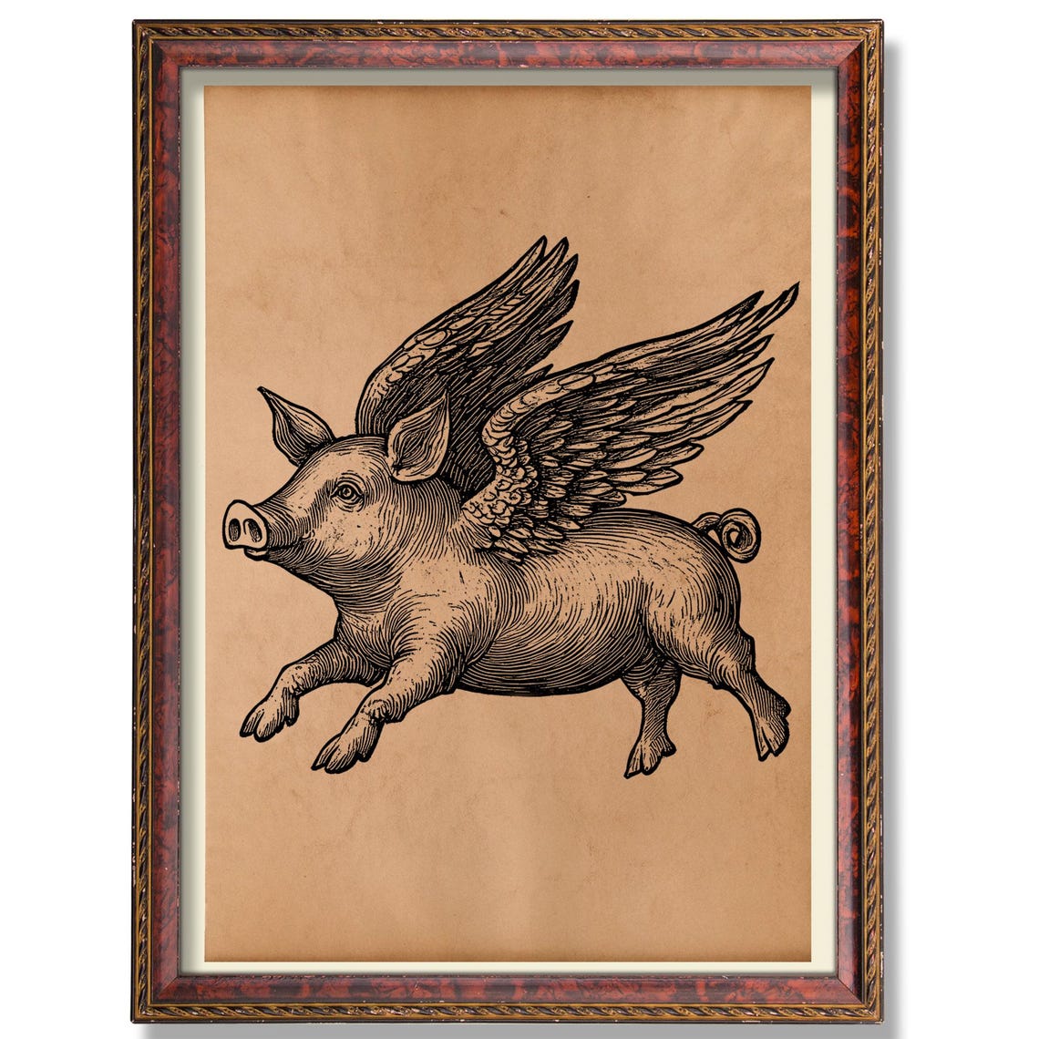 Flying Pig With Wings Vintage Engraving Whimsical Funny Poster