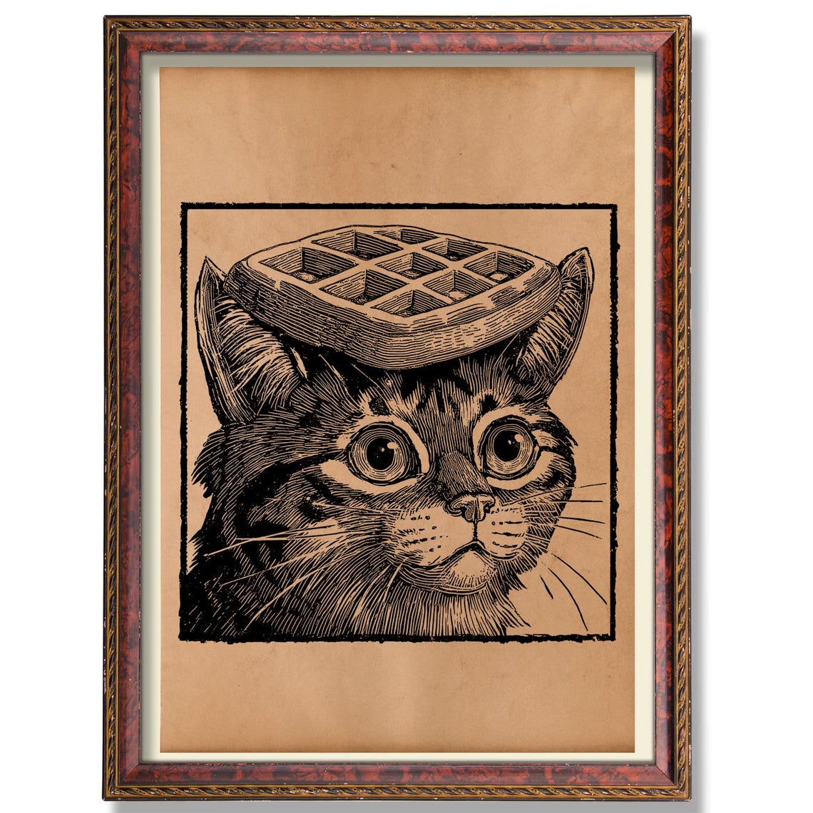 Whimsical Cat With Waffle Poster Rustic Animal Wall Art Vintageinspired Illustration Quirky Home Decor Antique Style