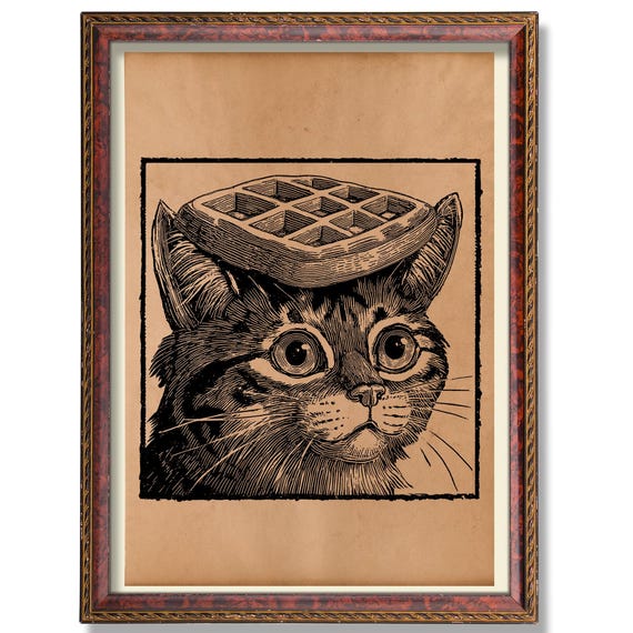 Whimsical Cat With Waffle Poster Rustic Animal Wall Art Vintageinspired Illustration Quirky Home Decor Antique Style