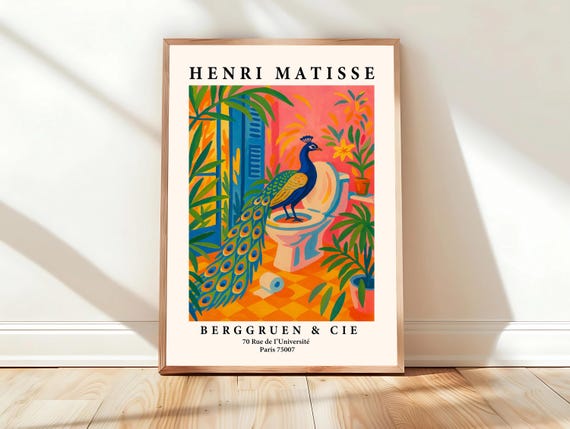 Bathroom Wall Art Peacock On Toilet Henri Matisse Print Funny Poster Pink Tropical Decor