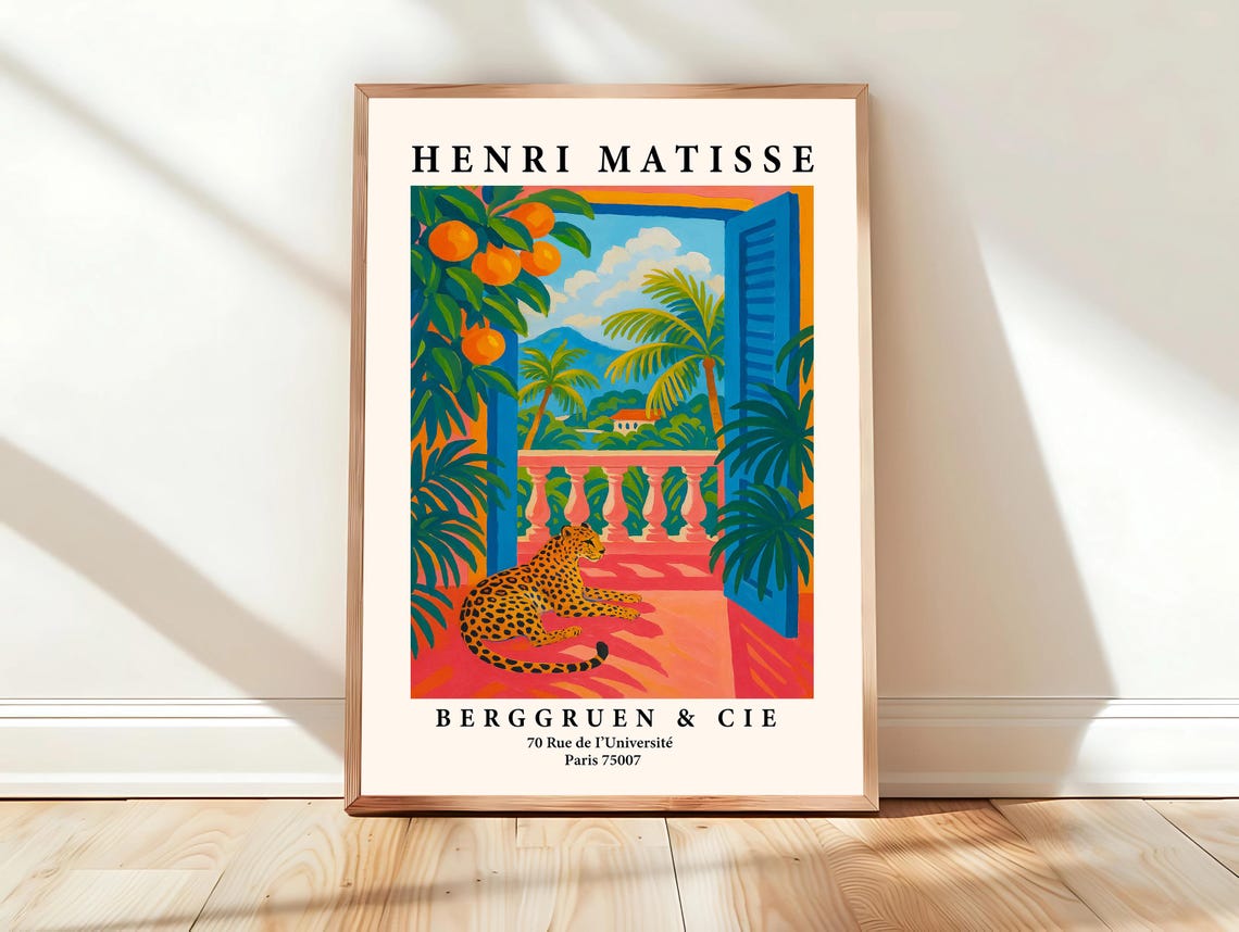 Leopard on Pink Balcony Tropical Coast Matisse Style Animal Poster
