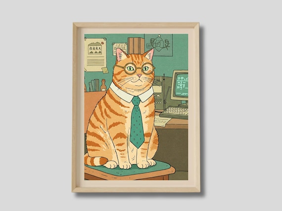 Orange Tabby Cat Office Worker Glasses Necktie Funny Art Poster