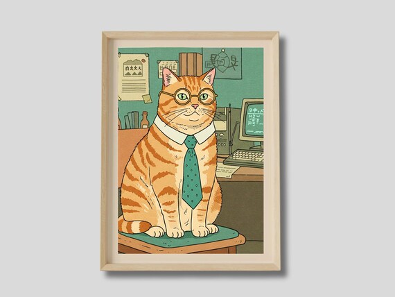 Programmer Tabby Cat Art Lover Gift Japanese Geeky Wall Funny Computer Science Poster