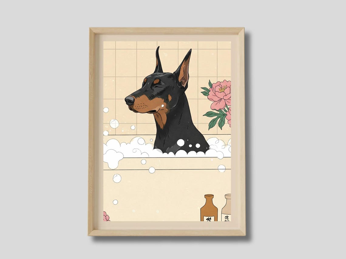 Doberman Pinscher In Bubble Bath Japanese Peony Illustration Poster